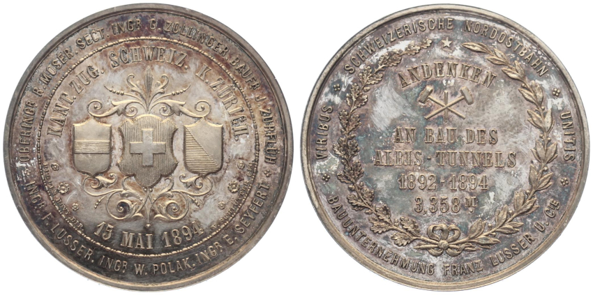 1894 Silbermedaille zur Einweihung des Albistunnels Zug - Zürich